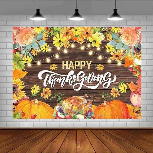 Miniatura 4 de Sendy Telón de fondo de Feliz Acción de Gracias de 7 x 5 pies, calabazas de otoño, pavo, fondo de fotografía de madera rústica, hojas de arce