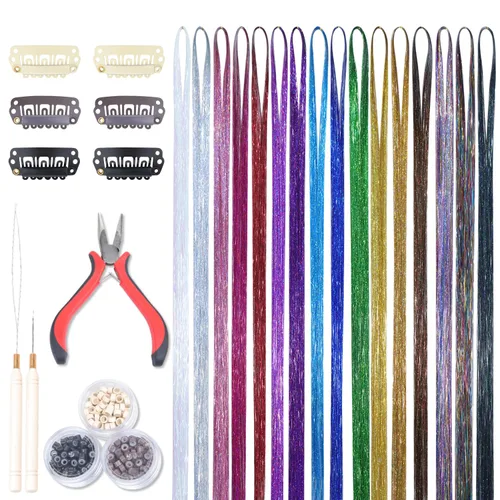 Miniatura 10 de Wennalife 12 piezas de extensiones de cabello azul con clip, extensiones de cabello con clip de colores para niños, pinzas de cabello arcoíris
