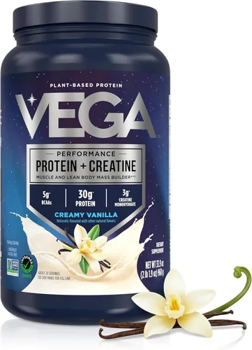 Vega Protein + Creatina - 30 gramos de proteína a base de plantas, sabor a vainilla, 20 porciones, 3 gramos de creatina, 5 gramos de BCAA, vegano,