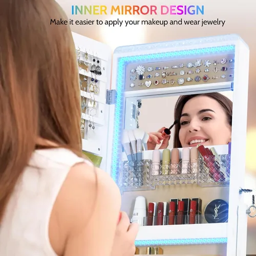 Miniatura 7 de LVSOMT Armario con espejo LED RGB para joyería, organizador de joyas de pie, espejo de cuerpo entero con almacenamiento de joyas, espejo de piso