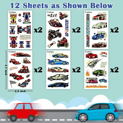 Miniatura 2 de Cerlaza Tatuajes temporales luminosos para niños, 90 estilos de autos brillantes para fiestas de cumpleaños, decoraciones de recuerdos, calcomanías