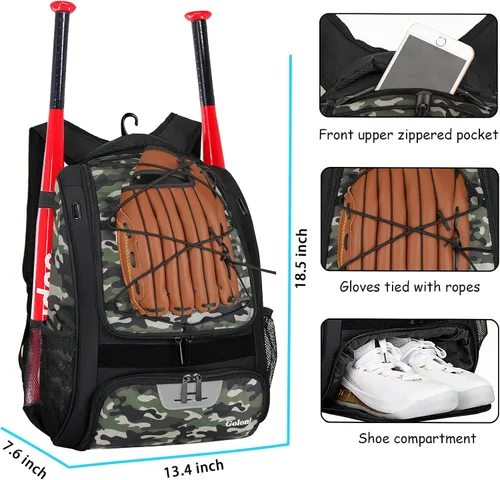 Miniatura 4 de Goloni Mochila de béisbol, bolsa de béisbol para adultos, bolsa de bate de sóftbol con compartimento para zapatos, compartimento principal grande