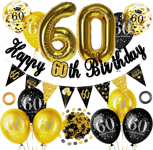 Miniatura 13 de Decoraciones de fiesta de cumpleaños número 16 para hombres y mujeres, negro y dorado, cartel de feliz cumpleaños negro y dorado, globos de feliz