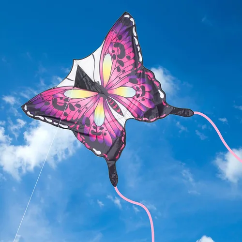 Miniatura 3 de Cometa grande de mariposa para niños y adultos, fácil de volar, para principiantes, cuerda de una sola línea con cola para viajes a la playa, Rosa