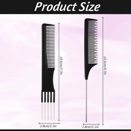 Miniatura 2 de Juego de 3 peines para el cabello, peine de burlas con peines de metal y dientes finos, cola de rata, peines de separación de salón para la espalda