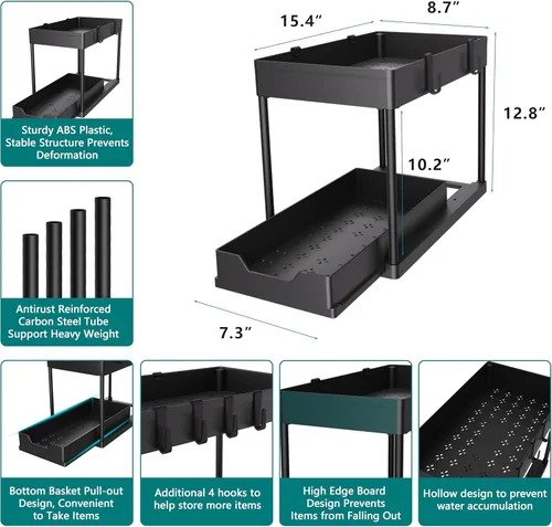 Miniatura 2 de MEAFBIRD Paquete de 2 organizadores para debajo del fregadero, organizador de gabinete de baño de 2 niveles con cesta deslizante, organizadores