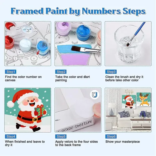 Miniatura 4 de KYOQFVN Paquete de 4 pinturas enmarcadas de Navidad por números para niños, pintura por números con lienzo, kits de pintura al óleo por números