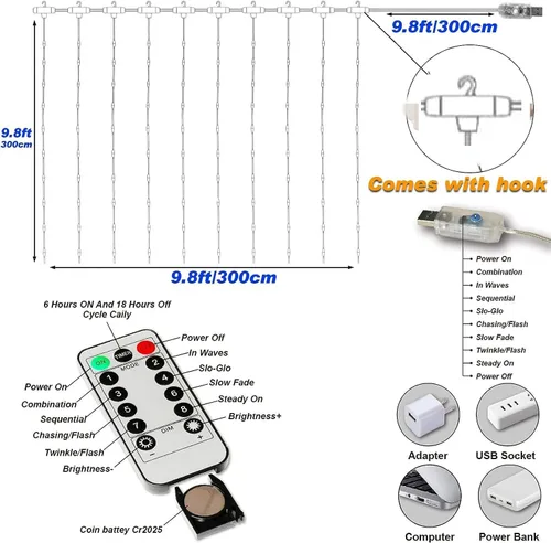 Miniatura 2 de Honche - Tira de luces LED de 300 luces en forma de hadas para cortina, 10 x 10 pies, con control remoto, luces de ventana para dormitorio, boda