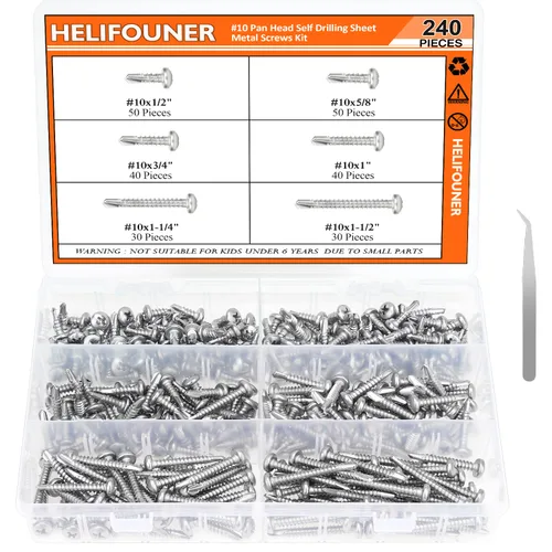 HELIFOUNER 240 piezas #10 x 1/2", 5/8", 3/4", 1", 1-1/4", 1-1/2", tornillos autoperforantes de cabeza panorámica de 1-1/2", kit surtido de tornillos