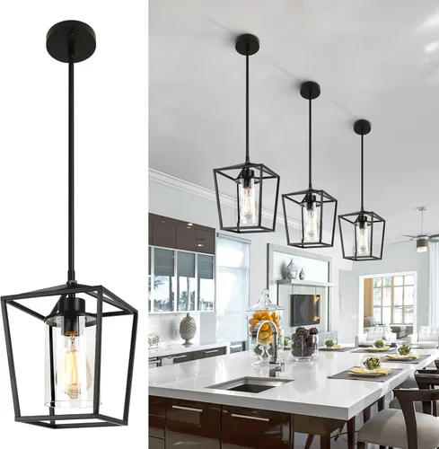 Luces colgantes negras para isla de cocina, 1 luz de granja para cocina, iluminación colgante sobre la isla, jaula de metal, luces colgantes para