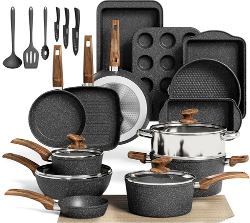 MAISON ARTS Juego de 30 piezas de ollas y sartenes antiadherentes, juego de utensilios de cocina y de horneado con revestimiento de granito