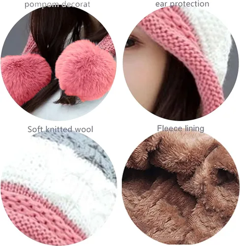Miniatura 4 de FSIGOM Gorros de punto gruesos de invierno para mujer versión coreana grande con pompones de piel orejeras cálidas de lana con protección