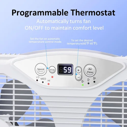 Miniatura 4 de shinic Ventilador de ventana doble, flujo de aire reversible de aspas de 9 pulgadas, control de termostato, 3 velocidades, 3 funciones, ancho