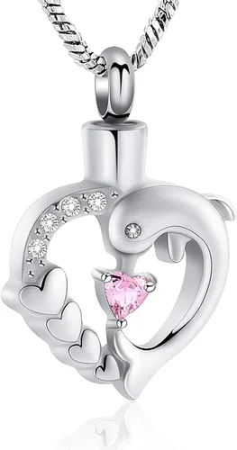 Miniatura 19 de Yinplsmemory Collar de urna de corazón de delfín para cenizas para mujer, colgante de urna de corazón de cristal, collar de recuerdo de cenizas
