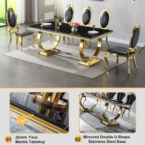 Miniatura 3 de 5 Piece Black Marble Dining Table Set for 4, Modern Faux Marble Kitchen Dining Room Tables with 4 Leather Chairs Set, 68.11" Luxury Rectangular