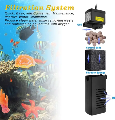 Miniatura 2 de DOMICA Filtro de acuario interno de 100 GPH 5 W con sistema de aireación Filtro de alimentación para tanque de peces de 5 a 15 galones, filtro