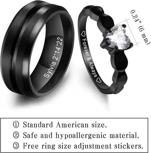 Miniatura 5 de MeMeDIY Juego de anillos personalizados de acero inoxidable para parejas, anillos de promesa con nombres grabados con piedra preciosa de corazón