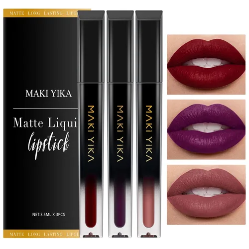 Miniatura 30 de MAKI YIKA Lápiz labial rojo burdeos para mujer, pintalabios de larga duración, sin manchas, mate, líquido, a prueba de transferencia, sin crueldad