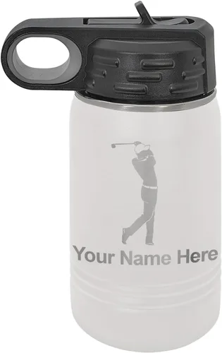Miniatura 11 de LaserGram Botella de agua personalizada, golfista de golf, acero inoxidable de doble pared aislada al vacío con popote superior, regalo grabado Negro