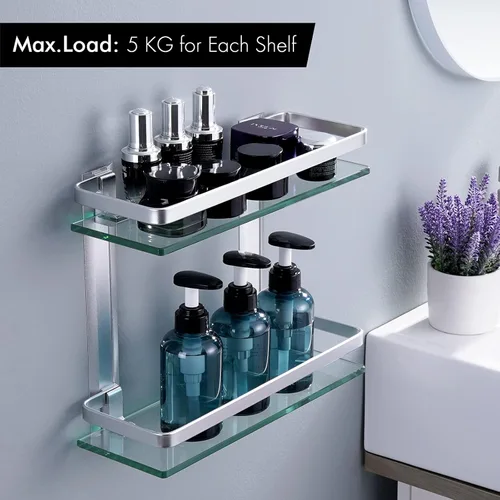 Miniatura 5 de KES Estante de vidrio para baño de 2 niveles, almacenamiento de vidrio templado montado en la pared y aluminio plateado, A4126B