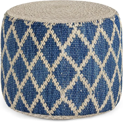 SIMPLIHOME Edgeley Puf redondo – 18 pulgadas de ancho tejido a mano yute y algodón otomano en azul clásico y natural, reposapiés estilo bohemio o