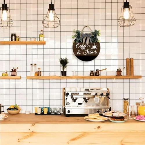 Miniatura 2 de Cartel de café y Jesús de madera rústica para cafetería, decoración de pared, decoración de pared, letrero colgante de madera para el hogar, Madera-1