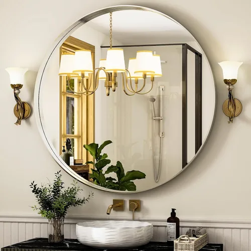 Miniatura 2 de Espejo redondo de baño de 24 pulgadas, espejo circular montado en la pared con marco de metal, espejo moderno adecuado para baño, tocador, entrada