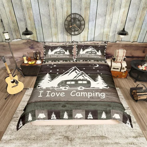 Miniatura 10 de Funda de edredón Happy Camping, juego de ropa de cama con temática de cámper para niños, funda de edredón de estilo rústico para decoración