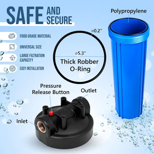 Miniatura 2 de Sistema purificador de filtro de agua azul de alta capacidad de 20 x 4.5 pulgadas para toda la casa con botón de alivio de presión, puerto de latón