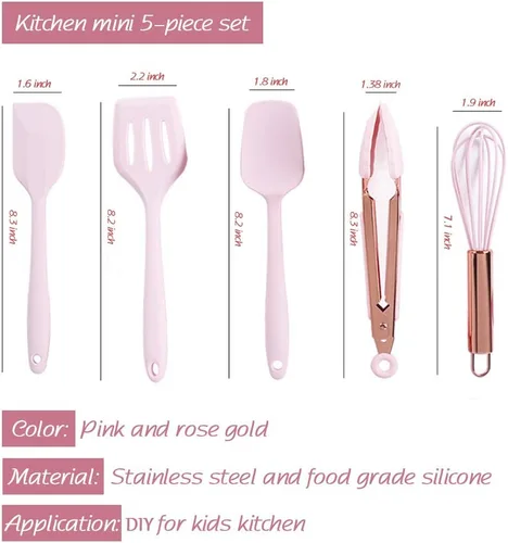 Miniatura 7 de Collfa Juego de cinco piezas de utensilios de cocina pequeños en color oro rosa y rosa, herramientas de cocina de silicona mini para niños, incluye