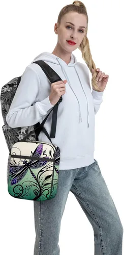 Miniatura 7 de OOZ Lonchera aislada para mujeres y hombres, linda libélula en negro y morado, reutilizable, a prueba de fugas, para adultos, oficina, almuerzo
