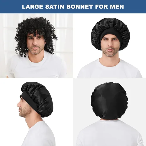 Miniatura 4 de Gorro para hombre, gorro de doble capa para dormir, gorro de dormir ajustable con banda elástica, gorros de satén de seda para trenzas de cabello