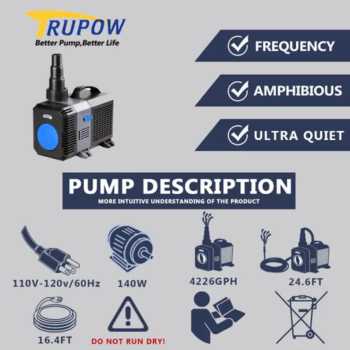 Miniatura 2 de TRUPOW 4226GPH Bomba de filtro de estanque sumergible de jardín en línea eléctrica de frecuencia de flujo para pecera fuente acuario cascada Koi sal
