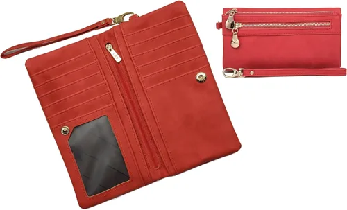 Miniatura 2 de Aslana Cartera larga de cuero suave con correa de mano bolso de embrague para las mujeres multi función tarjetero teléfono bolsa, #04 Rojo
