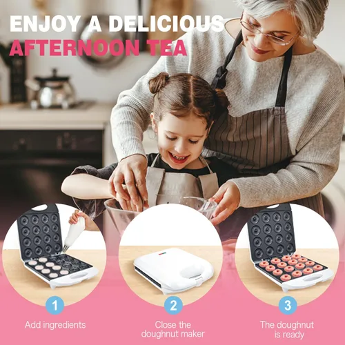Miniatura 6 de DSP Mini máquina de donas todo en uno de 2 pulgadas, antiadherente, tacto fresco, máquina eléctrica de donas para 16 aperitivos y postres, perfecta