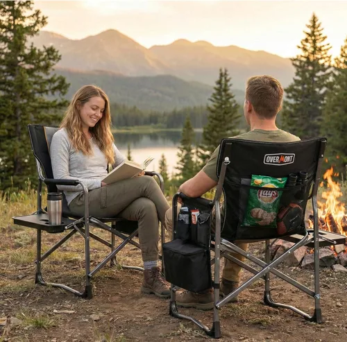 Miniatura 2 de Overmont Silla de campamento ligera de gran tamaño, portátil, cómoda, resistente, plegable, con mesa auxiliar y bolsa enfriadora para campamento