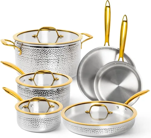 Michelangelo Triply - Juego de ollas y sartenes de acero inoxidable, juego de utensilios de cocina de acero inoxidable martillado de 10 piezas con