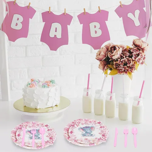 Miniatura 4 de Bokon Juego de 300 platos de elefante para baby shower, para 50 vajillas, incluye platos, servilletas, tenedores, cucharas, cuchillos, elefante