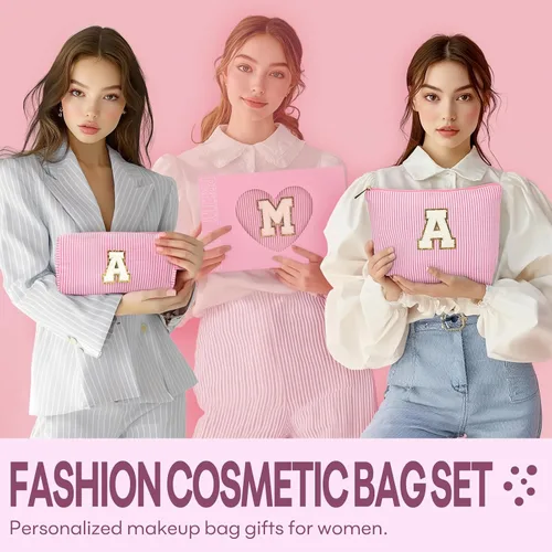 Miniatura 5 de 2 piezas de bolsas de maquillaje iniciales para mujeres: bolsa de cosméticos para viaje y artículos de tocador - Regalos de cumpleaños para niñas
