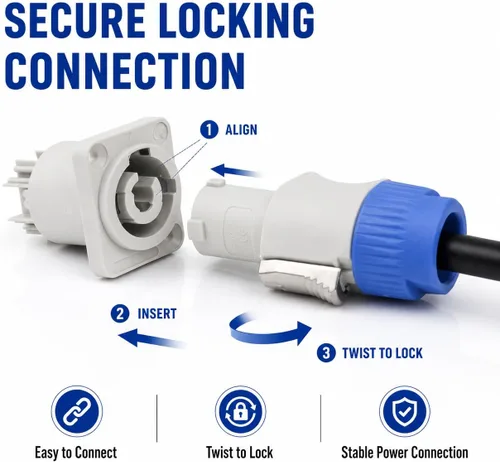 Miniatura 5 de Toronce - Conector macho de 3 pines AC Powercon conector azul/blanco con 14 Awg 1.5 pies PoweCable 20A/250V para pantalla LED de luz de escenario