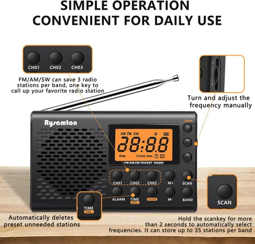 Miniatura 7 de Radio portátil AM/FM/onda corta, radios de bolsillo con pilas, pantalla digital grande, radio reloj con alarma y función de sueño, auriculares