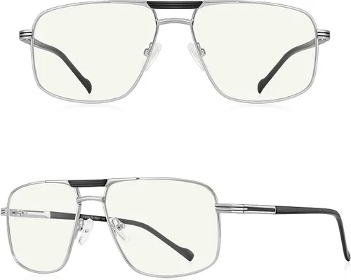 Miniatura 2 de Gafas de lectura para hombre, cuadrado, doble puente, bloqueo de luz azul, para lectura de computadora Plateado