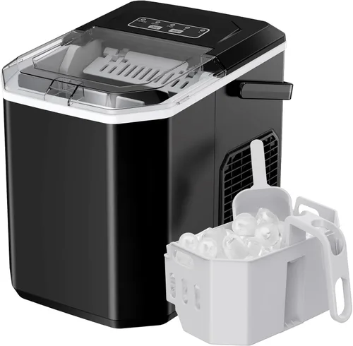Máquina para hacer hielo de sobremesa, máquina portátil de hielo con asa de transporte, máquinas de hielo autolimpiables con cesta y cuchara, 9