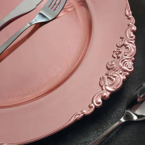 Miniatura 8 de Efavormart - Paquete de 6 platos barrocos redondos de oro rosa de 13 pulgadas, borde en relieve de hojas, perfecto para decoración de catering