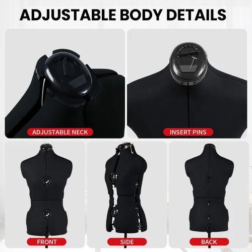 Miniatura 4 de maniquí de vestido negro ajustable para costura, forma de cuerpo femenino, tallas 6-14, con 13 diales y ruedas desmontables, rango de altura