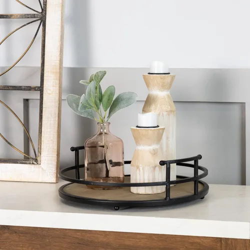 Miniatura 7 de Stratton Home Decor Bandeja redonda de metal y madera Bandeja decorativa de mesa de café de madera para superficies de mesa vacías Bandeja