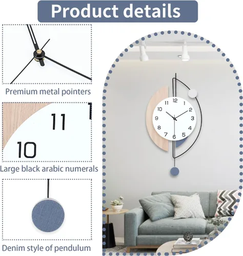 Miniatura 3 de Dankeit Reloj de Pared, Relojes de Pared Decorativos Grandes con Péndulo, Funciona con Pilas, Reloj de Pared de Cuarzo de Calidad Silenciosa