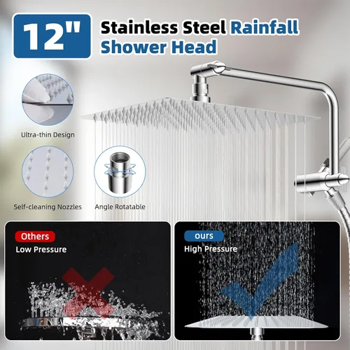 Miniatura 3 de Cabezal de ducha de metal de 12 pulgadas, cabezal de ducha de alta presión, cabezal de ducha de mano con brazo de extensión de ducha ajustable de 11