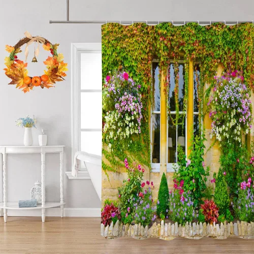 Miniatura 3 de Cortina de ducha de pared floral de primavera, ciudad de campo, hojas de hiedra verde, flores de flores de Italia, cortina de ducha para decoración