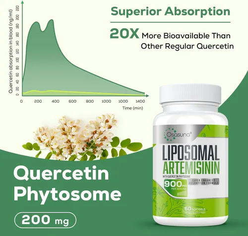 Miniatura 3 de 900 mg de artemisinina liposomal para máxima absorción, extracto de ajenjo dulce (Artemisia Annua) con fitosoma de quercetina 200 mg, 60 cápsulas